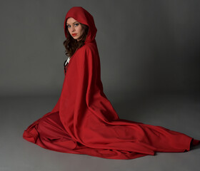 Full length portrait of beautiful brunette woman wearing red medieval fantasy costume with long...
