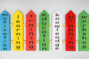 Personal growth concept. pesonal business skills motivational inspirational words on wooden  colored picket fence.