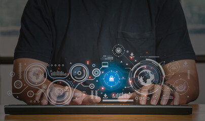 Businessman press on digital screen interface big data analytics and business intelligence (BI) concept for system engineering, binary code programming, business strategy concept.