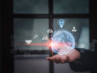 Businessman press on digital screen interface big data analytics and business intelligence (BI) concept for system engineering, binary code programming, business strategy concept.