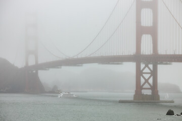 Close up view of the Golden Gate bridge on a foggy day,California