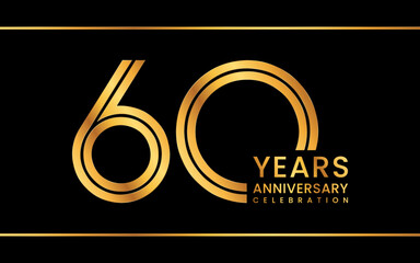 60th Anniversary logotype. Anniversary Celebration template design with gold color for celebration event, invitation, greeting card, flyer, banner, web template, double line logo, vector illustration