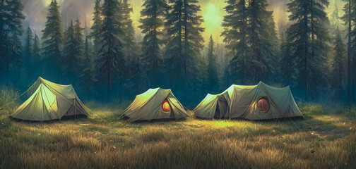 Artistic concept painting of a tents in the forest, background illustration. - obrazy, fototapety, plakaty