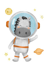 watercolor cute zebra in an astronaut suit in space among the stars, children's illustration