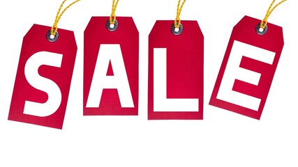 Isolated red hanging sales tags with White background.