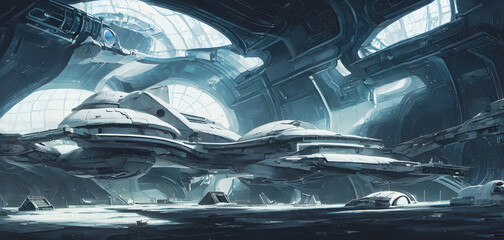Fototapeta premium Artistic painting concept of spaceship in futuristic landscape, digital art style, illustration background painting. Creative Design, Tender and dreamy design.