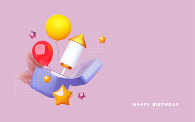 Happy Birthday! Celebration design template with open gift box, flying balloons, rocket firework and stars.