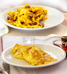 delicious omelet with sausage cooked on a white plate in a restaurant