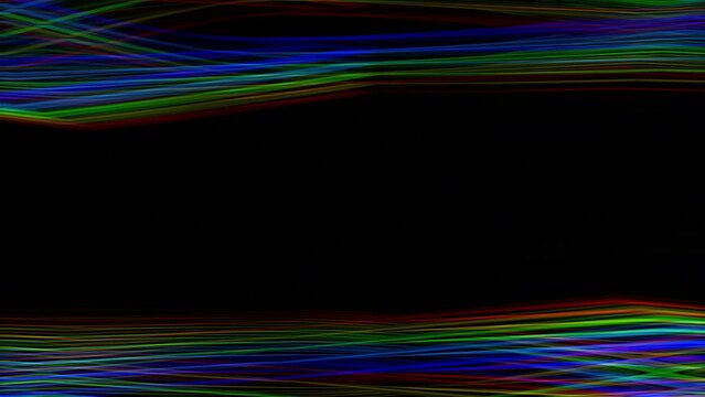 Abstract animation digital graphic of particle wave pattern and rainbow glowing lighting effect on the dark background. Artistic waving curves lines backdrop, and creative sic-fi digital background.
