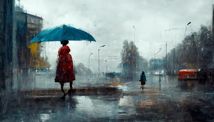 People on the street in the rain as digital art. Illustration as a background, postcard or mural.