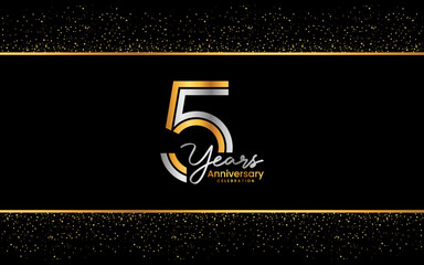 5th Anniversary Logotype. Golden Anniversary logo design in golden color for celebration event, invitation, greeting card, flyer, banner, poster, double line logo, vector illustration