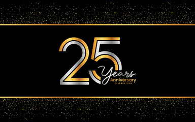 25th Anniversary Logotype. Golden Anniversary logo design in golden color for celebration event, invitation, greeting card, flyer, banner, poster, double line logo, vector illustration
