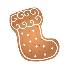 Holiday gingerbread cookie in shape of boots with white icing. Vector illustration in flat style