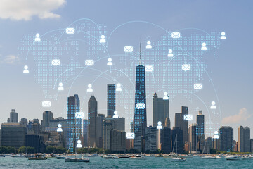 City view, downtown skyscrapers, Chicago skyline panorama over Lake Michigan, harbor area, day time, Illinois, USA. Social media hologram. Concept of networking and establishing new people connections
