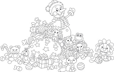 Happy snowman waving in greeting surrounded by winter holiday gifts, sweets and funny toys, black and white vector cartoon illustration for a coloring book page
