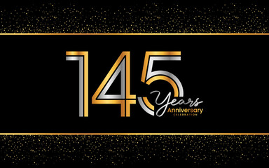145th Anniversary Logotype. Golden Anniversary logo design in golden color for celebration event, invitation, greeting card, flyer, banner, poster, double line logo, vector illustration