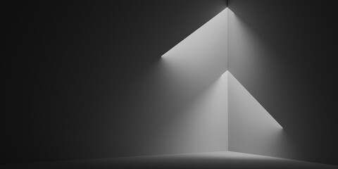 Abstract lights in the dark room. Black and white empty room with geometric lights and shadows 3d render illustration.