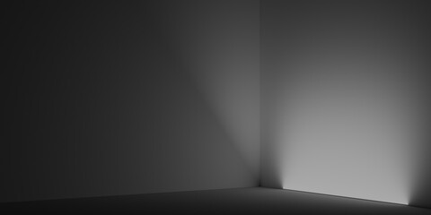 Abstract light in the dark room. Black and white empty room with geometric light and shadow 3d render illustration.