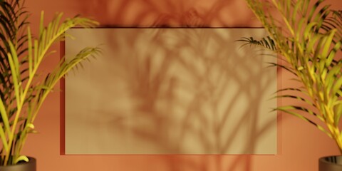 Palm tree leaves and shadows on wall with empty painting 3d rendering background illustration.