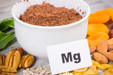 Inscription Mg, healthy food and various ingredients as source natural magnesium, dietary fiber and other minerals