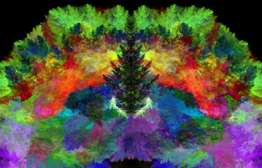 Spruce grows in the forest. The spruce is surrounded by other trees and colorful flashes that look like fire. Abstract fractal background. 3d rendering. 3d illustration.