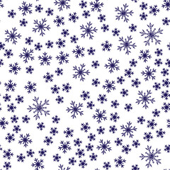 Falling snowflakes on a white background. Seamless snowflake pattern. Designer texture of the winter season for prints. Painted snowflakes. Vector illustration.