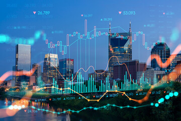 Fototapeta na wymiar Panoramic view of Broadway district of Nashville over the river at illuminated night skyline, Tennessee, USA. Forex candlestick graph hologram. The concept of internet trading, brokerage and analysis