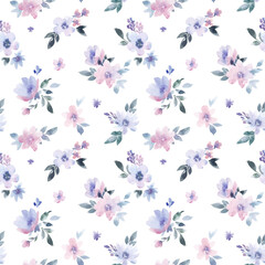 Beautiful vector seamless pattern with gentle watercolor hand drawn purple flowers. Stock illustration.