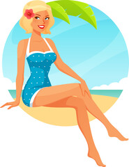 beautiful retro pin-up girl in blue swimsuit. Young blonde woman in 50s swimwear, smiling and sitting on the beach.