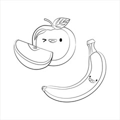 Outline drawing of  apple and banana.  Black and white Vector icon cute illustration. Sticker kawaii cartoon logos. Fruit  concept.