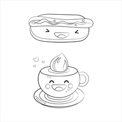 Outline drawing of  hot dog and coffee in a mug.  Black and white Vector icon cute illustration. Sticker kawaii cartoon logos. Food concept.
