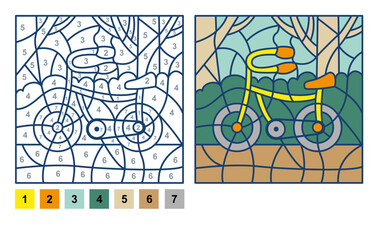 Puzzle game bicycle, color by number sheet for children. Vector coloring page for learning numbers