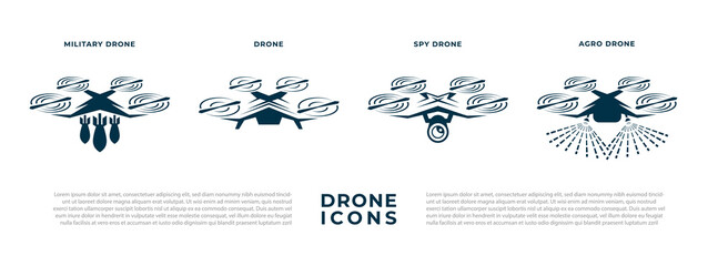 Drone icon vector set on a white background. Vector quadcopter logo set such as military drone, agro drone, and spy drone.