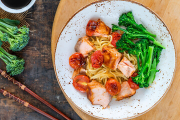 Hoisin salmon with broccoli and egg noodles