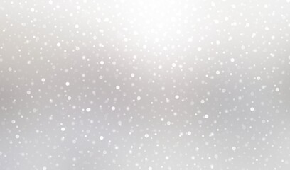 Glittering snow falling on light silver blur background. Bokeh winter holiday light gray textured banner.