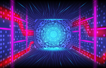 Technology data center or server room with information cloud storage. Abstract digital warehouse. Clouds computing technology. Server farm communication network. Lights glow in the dark vector concept