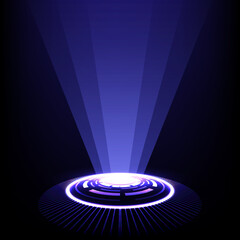 Technology spotlight vector. Circle abstract digital technology futuristic. Stage futuristic podium platform illuminated by spotlights. Fantastic Circle portals, holograms teleport gadgets.