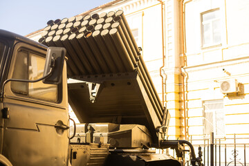 Part of a car with a missile system. Rocket system. Military themes. Ukraine - war crisis concept, Kyiv.