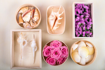 木の容器に入った色々な花と貝殻