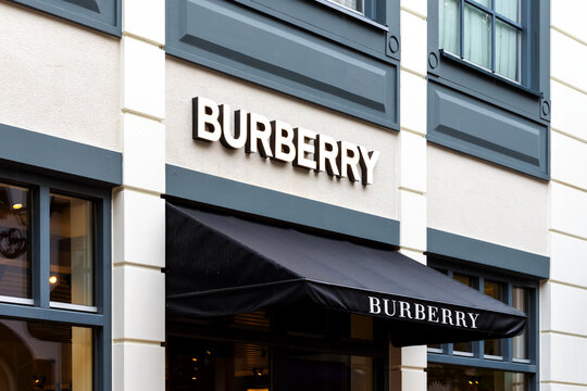 Roermond, Netherlands, 2022: Burberry logo brand and text sign on a facade