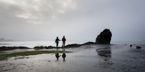 Couple walking along St Clair beach clifftop and looking at the sea, Dunedin.