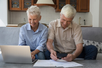 Happy attractive older spouses sit on sofa at home using laptop paying bills through e-bank application, reviewing household utilities, managing personal finances, control family budget feel satisfied
