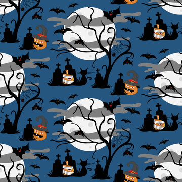Seamless spooky Halloween vector pattern with haunted house in graveyard. Use as a background, wallpaper or print on a fabric. Convenient for any design surfaces.