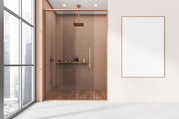 Light bathroom interior with douche and panoramic window. Mockup frame