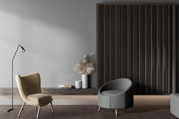 Grey chill interior with seats and shelf with decoration. Mockup empty wall