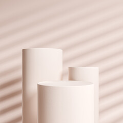 Three white columns on light background, mockup for product display