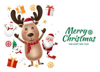 Reindeer and the gang with gift box in green background.