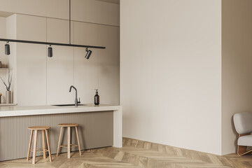 Light kitchen interior with bar countertop and seats. Mockup wall