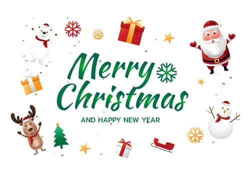 Merry Christmas and happy new year greeting card with cartoon character gift box in green background