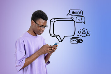 Black man using smartphone, empty text bubble and communication doodle